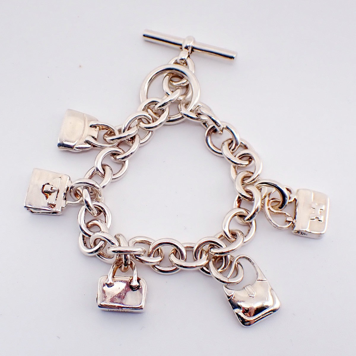 HERMES Logo Amulet 5 Charm Chain Bracelet Bangle Silver 925 France 649LC634