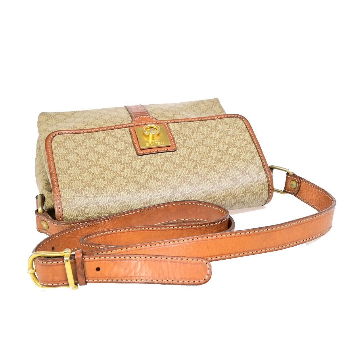 CELINE Logo Macadam Pattern Shoulder Bag PVC Leather Beige Italy 09EB602