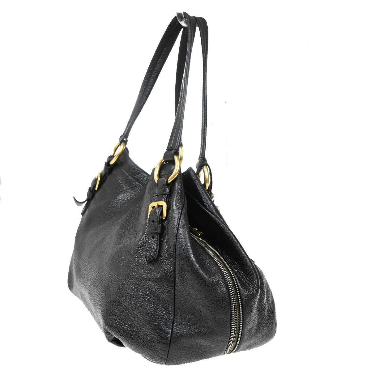 PRADA  Logo Shoulder Bag Snap Closure Leather Black Gold Italy  72TA071