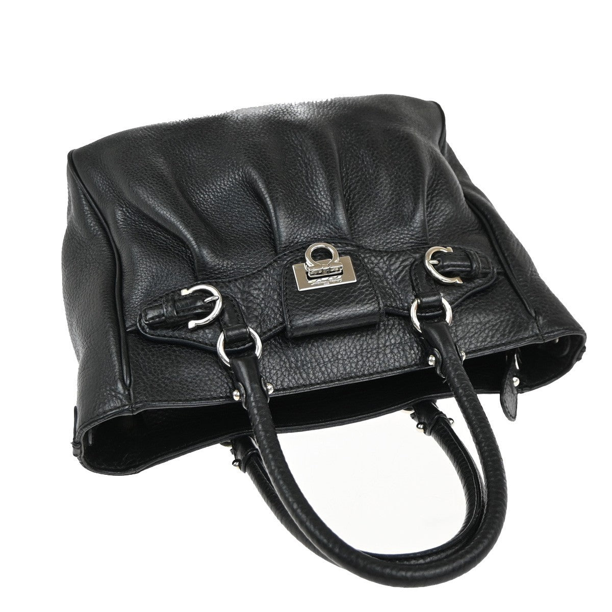 SALVATORE FERRAGAMO Logo Gancini Hand Bag Leather Black SHW Italy 36EG392