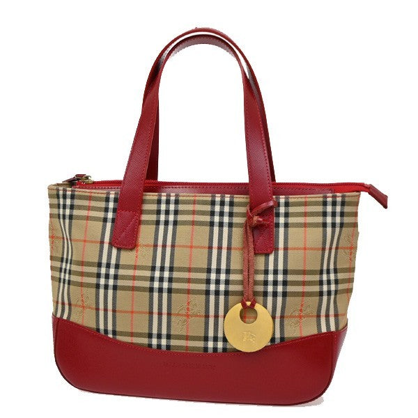 BURBERRY Logo Handbag Canvas Leather Beige Red Charm Gold 32RL572