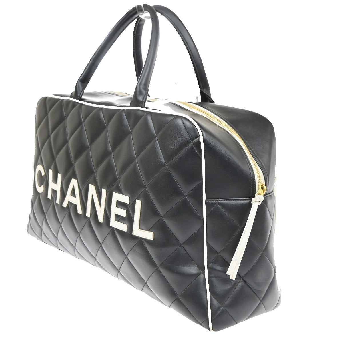 CHANEL Matelasse Travel Boston Hand Bag Leather Black France Vintage 332RP182