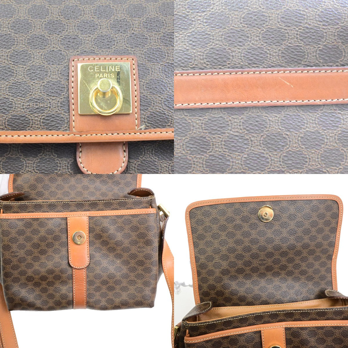 CELINE Logo Macadam Pattern Shoulder Bag PVC Leather Brown GHW Italy 64YH136