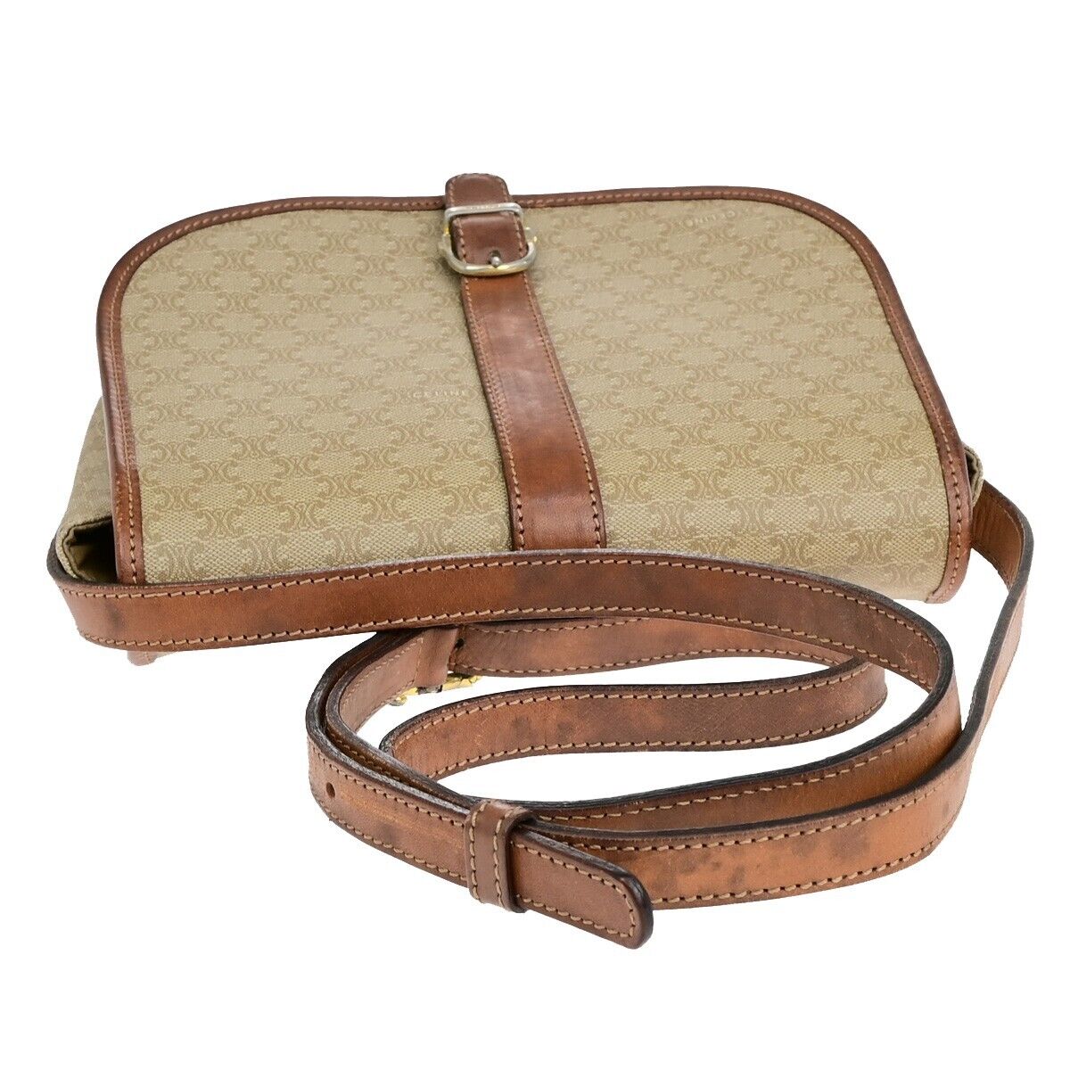 CELINE Logo Macadam Pattern Shoulder Bag PVC Leather Beige Italy 04EB477