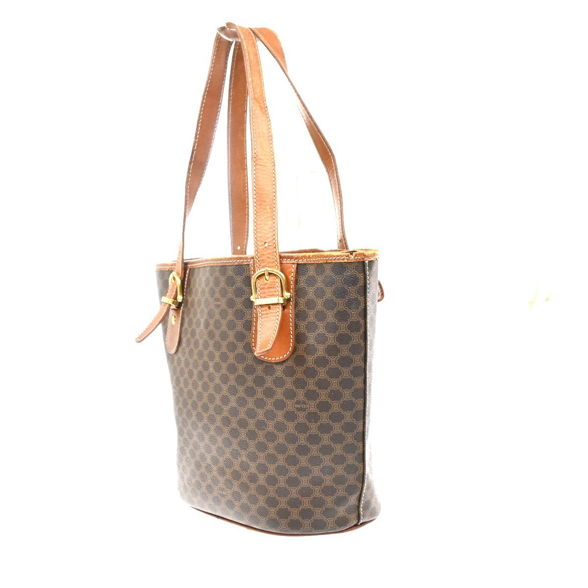 CELINE Logo Macadam Pattern Shoulder Tote Bag PVC Leather Brown GHW 07EG396