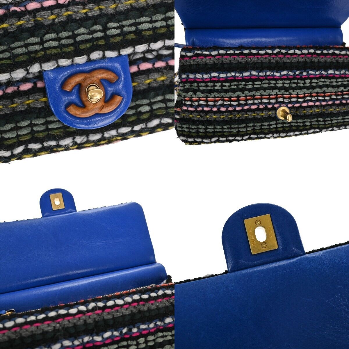 CHANEL CC Matelasse Tweed Chain Shoulder Bag Leather Wood Blue GHW 961RH816