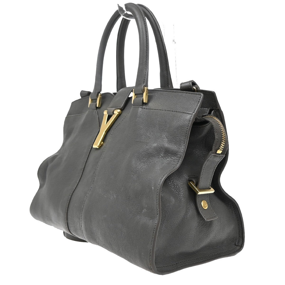 YVES SAINT LAURENT YSL 2Way Cabas Chyc Hand Shoulder Bag Leather Gray 35KA727