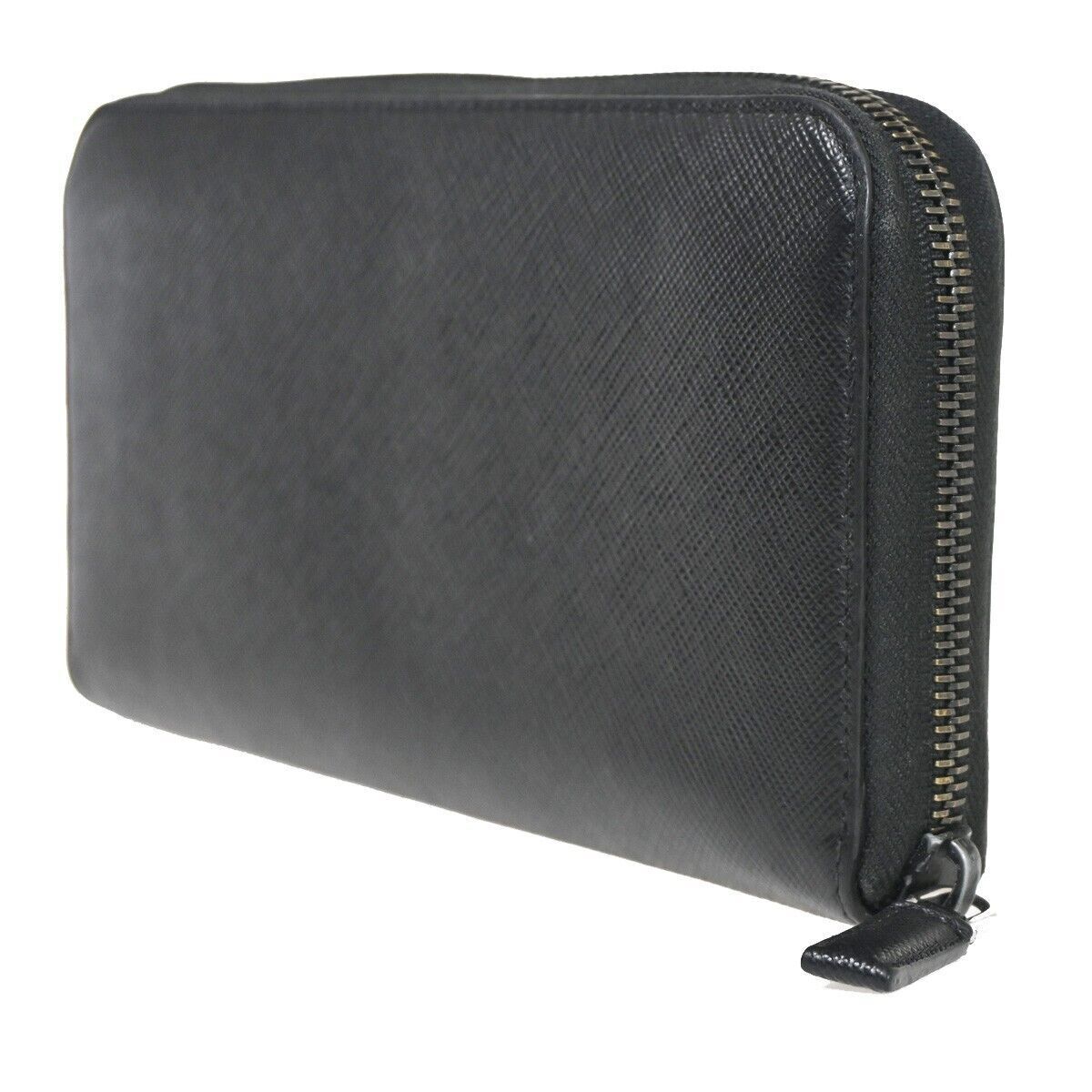 PRADA Logo Saffiano Long Bifold Wallet Purse Leather Black Silver Italy 87RH021