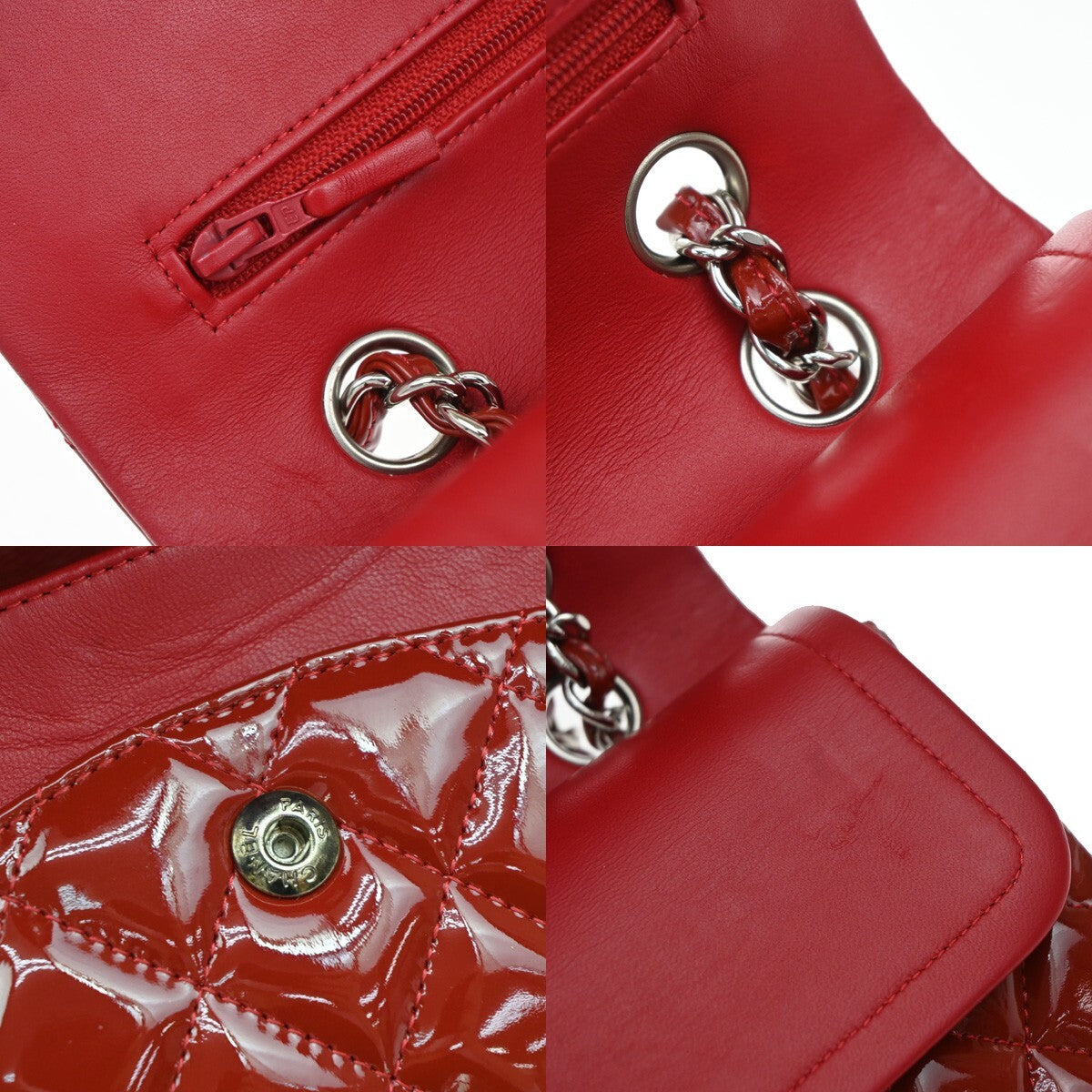 CHANEL Matelasse 25 Double Flap Chain Shoulder Bag Patent Leather Red 339RF259