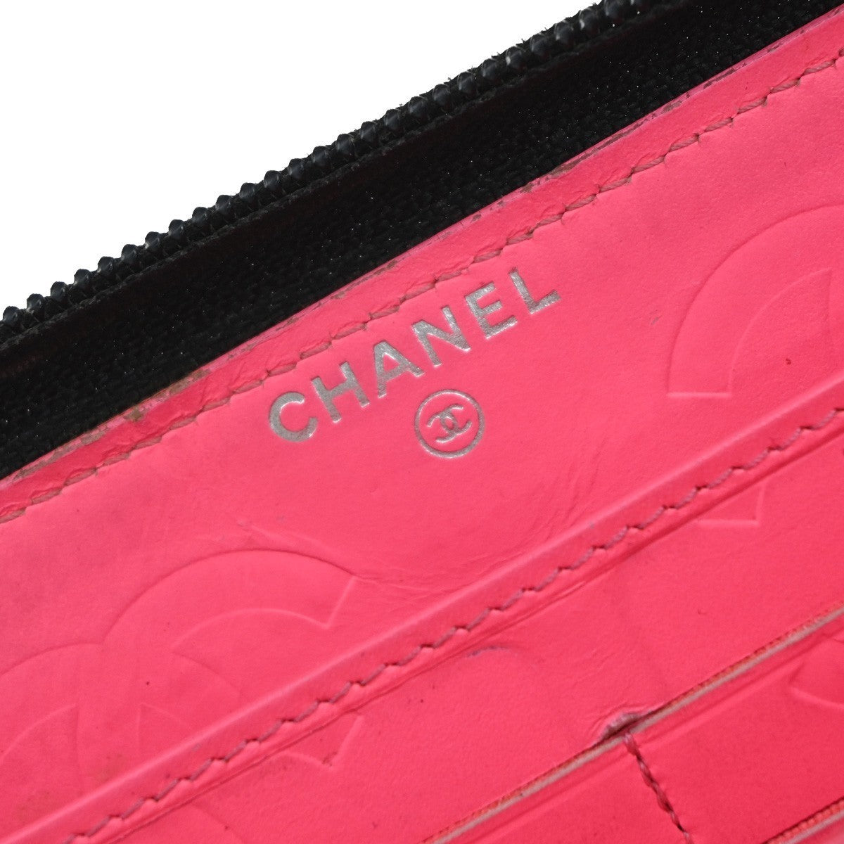 CHANEL CC Cambon Long Zipper Bifold Wallet Patent Leather Black SHW 38KP014
