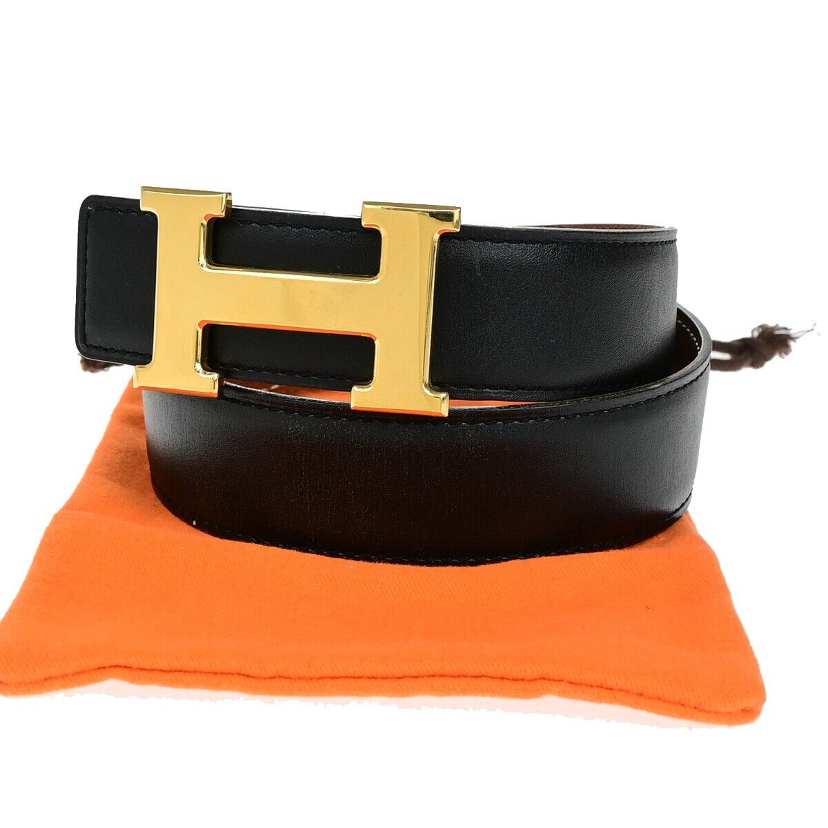 HERMES H Logo Constance Reversible Buckle Belt Leather #65 Black Brown 34YG811