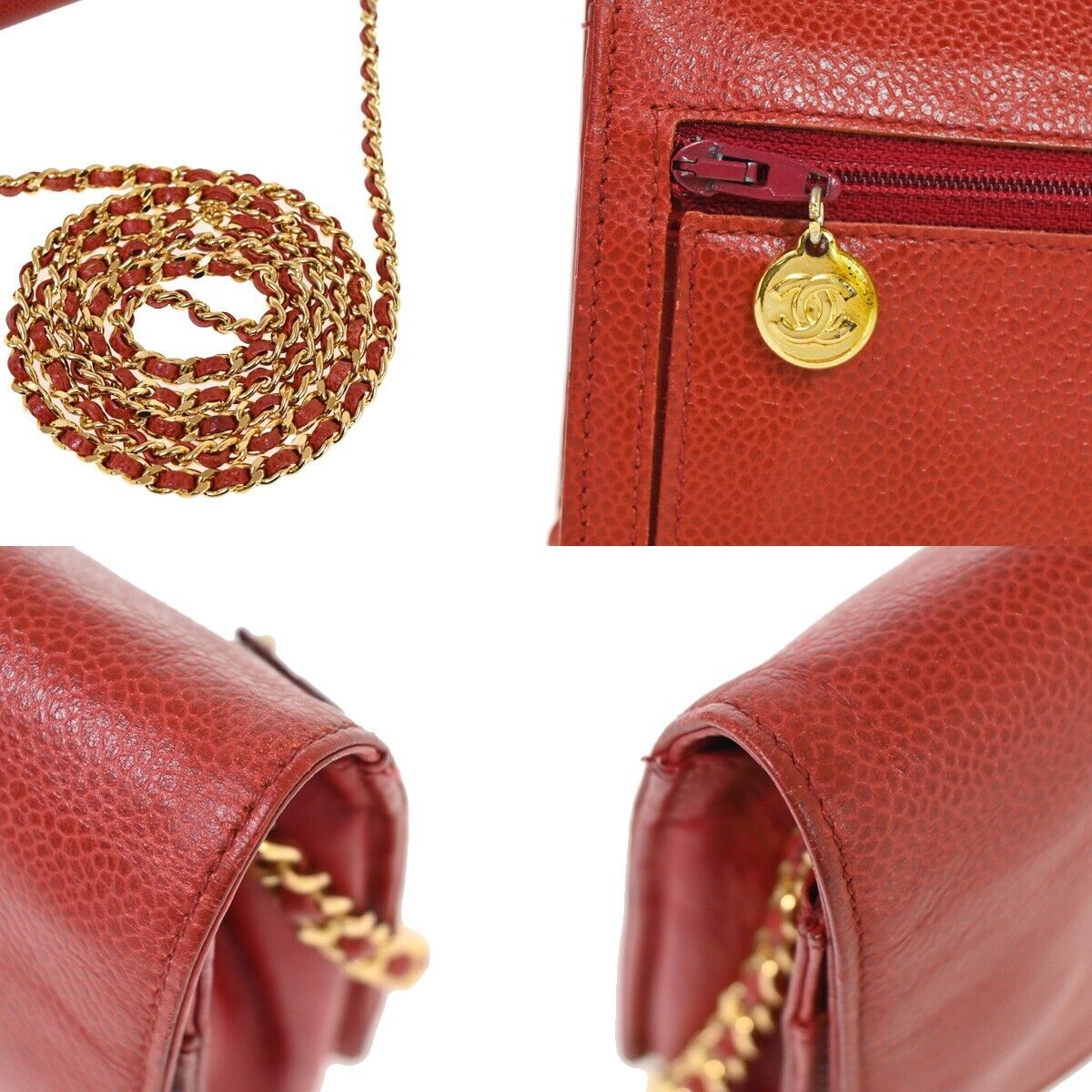 CHANEL CC Logo Chain Shoulder Bag Bifold Wallet Caviar skin Leather Red 671RJ655