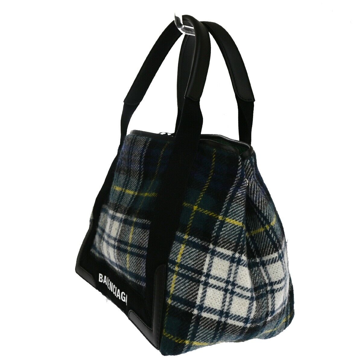 BALENCIAGA NAVY Cabas S Shoulder Tote Bag Check Pouch Wool Leather GN BK 75YC423