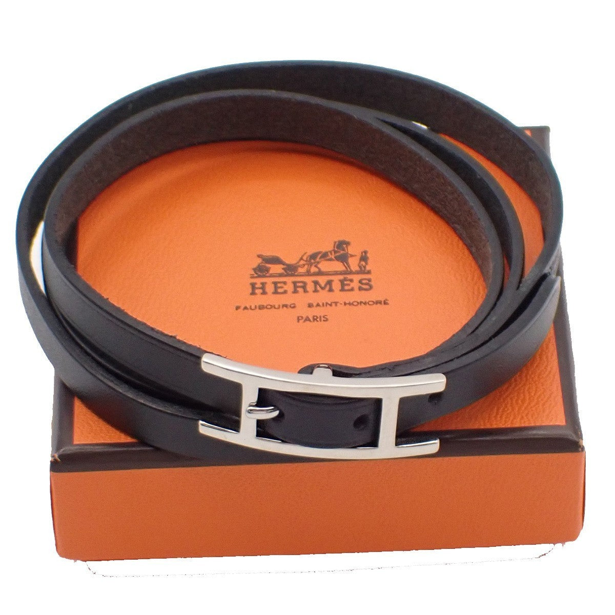 HERMES Api 3 Triple Tour Long Bracelet SHW Leather Sliver Black 67RF760