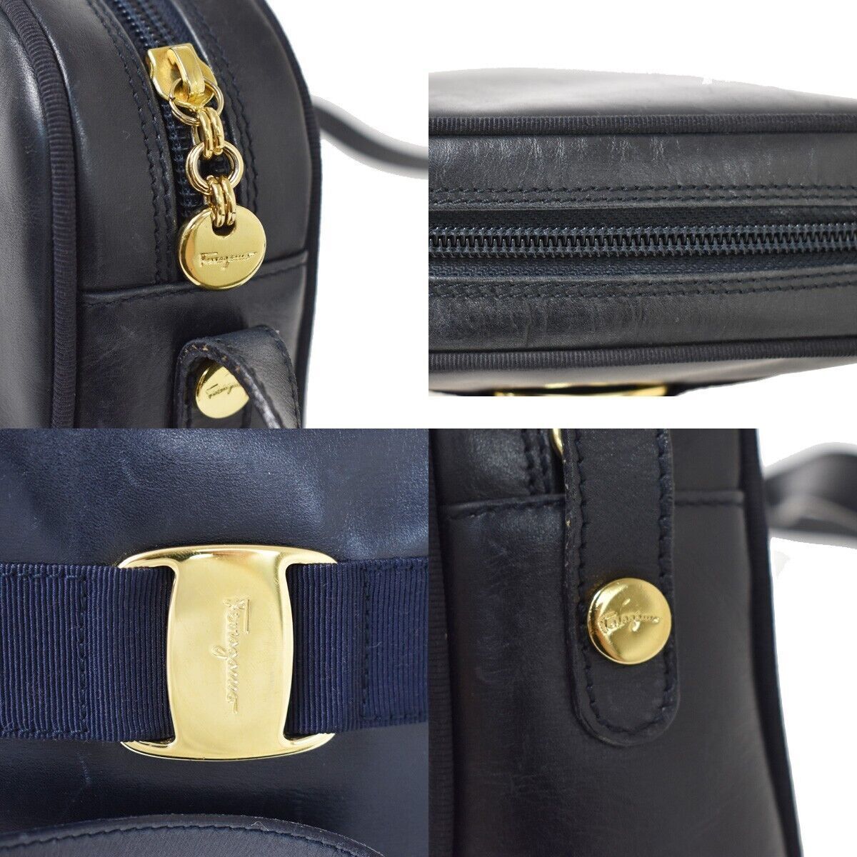 SALVATORE FERRAGAMO Vara Crossbody Mini Shoulder Bag Leather Blue Gold 66YC241