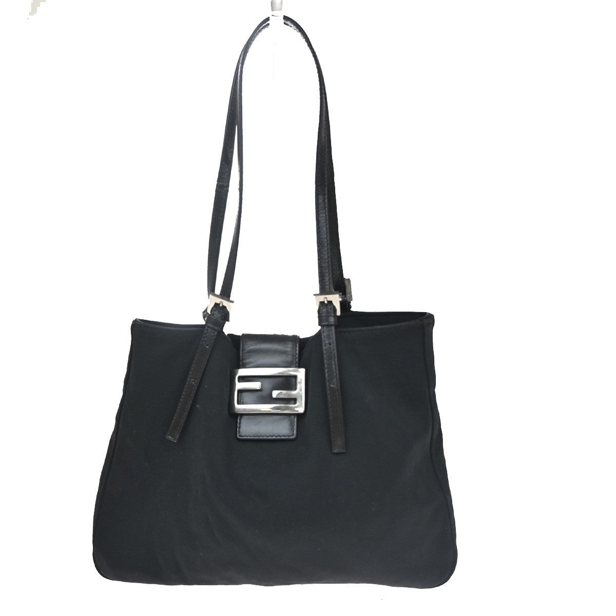 FENDI Logo Mamma Baguette Hand bag Nylon Leather Black SHW Italy 35KD062