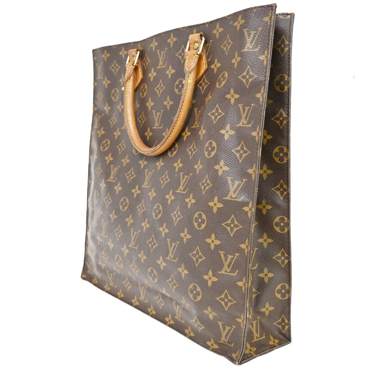 LOUIS VUITTON Logo Sac Plat Hand Tote Bag Monogram Leather Brown M51140 33HB671