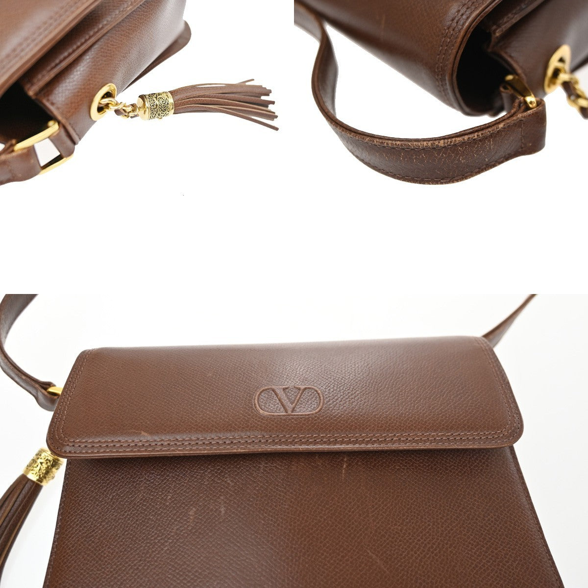 VALENTINO GARAVANI Logo Tassel Shoulder Bag Leather Brown GHW 63KD148