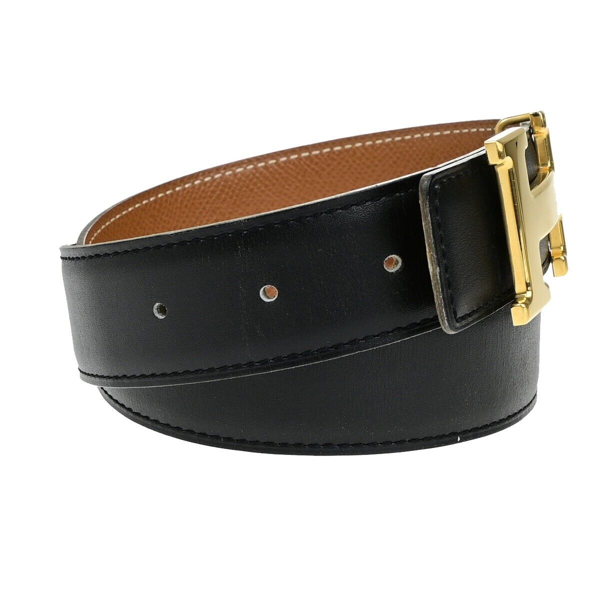 HERMES H Logo Constance Reversible Buckle Belt Leather #65 Black Brown 34YG811