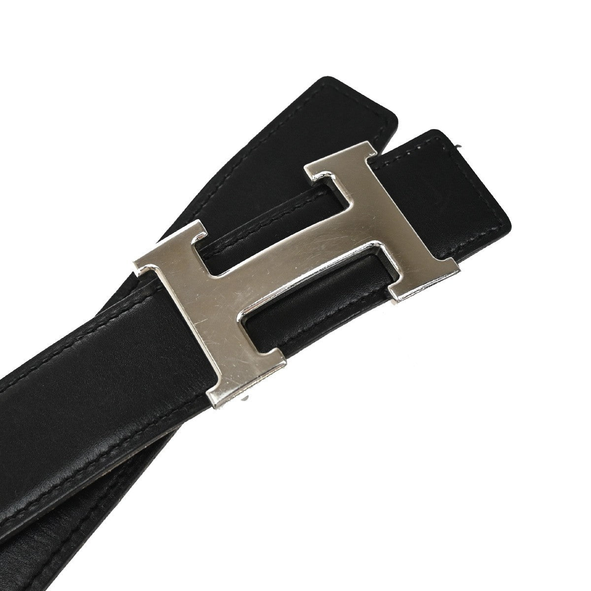 HERMES H Logo Constance Reversible Buckle Belt #75 Leather Black Silver 84RL373