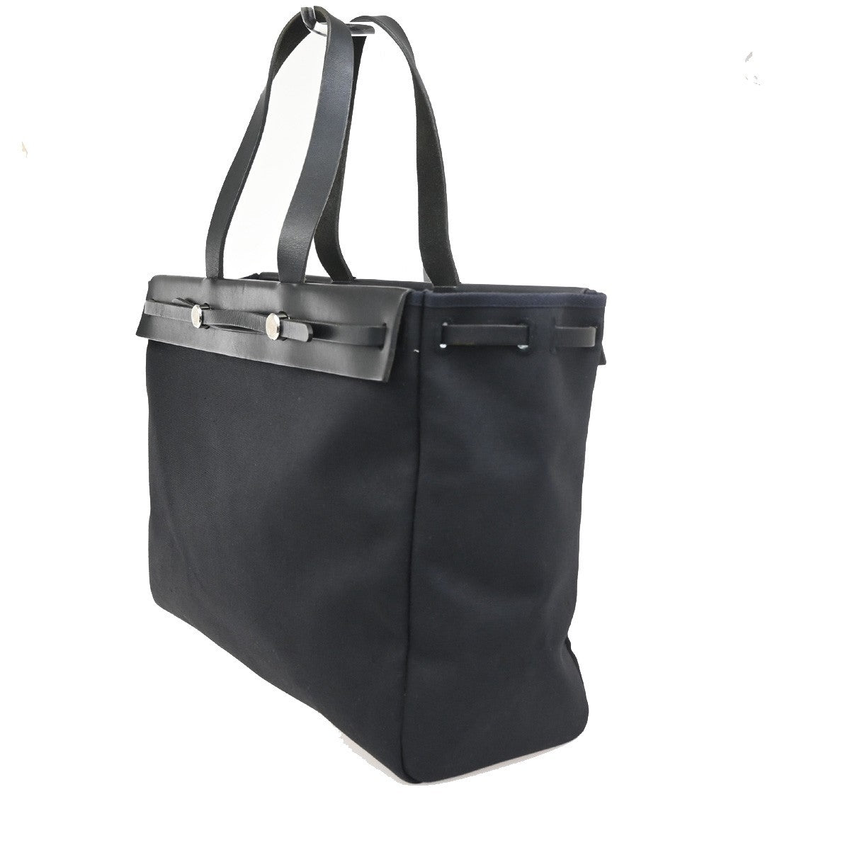HERMES Her Bag Cabas Shoulder Hand Bag Canvas Leather Black SHW France 84RL826