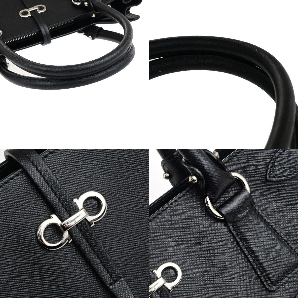 SALVATORE FERRAGAMO Gancini Hand Bag Leather Black Silver Made in Italy 61KA499