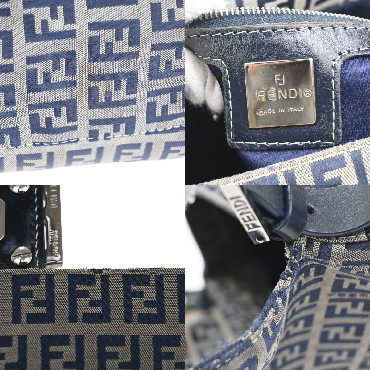 FENDI Mamma bucket Zuccino Shoulder Hand Bag Canvas Leather Navy Italy 79MA143