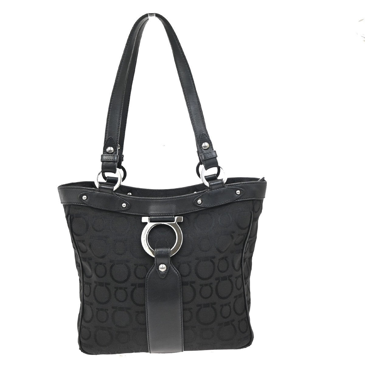 SALVATORE FERRAGAMO Gancini Tote Shoulder Bag Canavs Leather Black SHW 09KB197