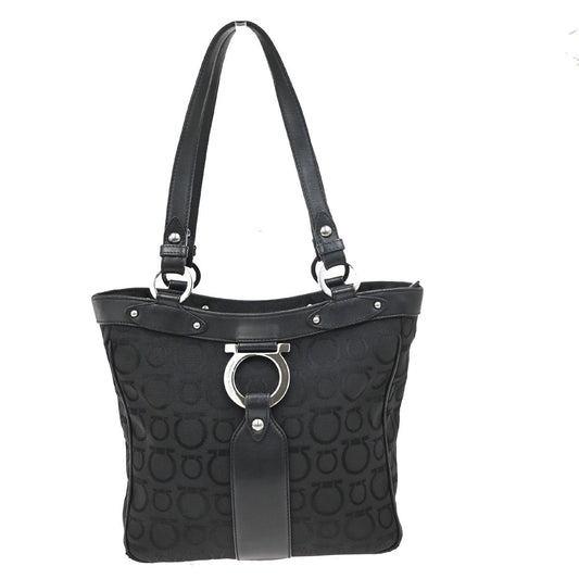 SALVATORE FERRAGAMO Gancini Tote Shoulder Bag Canavs Leather Black SHW 09KB197