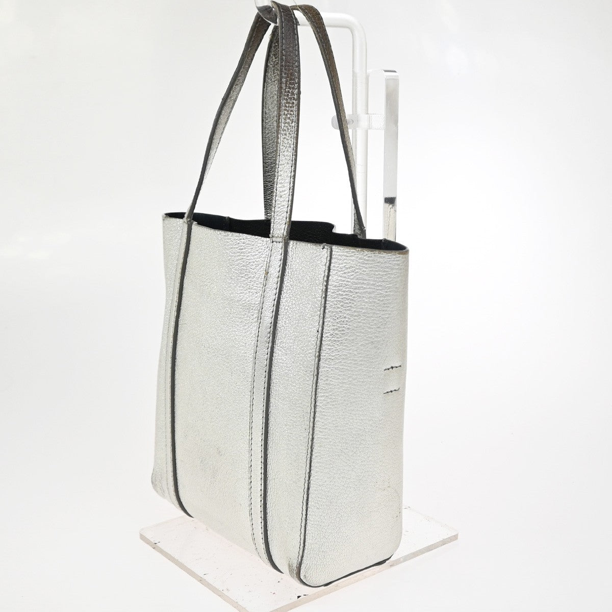 BALENCIAGA Logo Everyday Tote Hand Bag Leather Silver SHW 09CA906