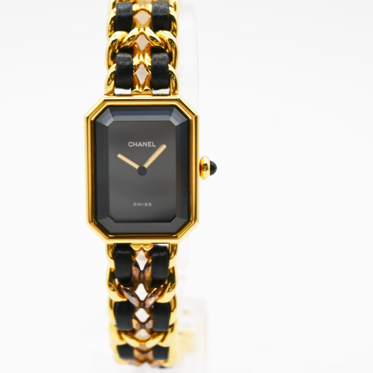 CHANEL Logo Premiere Watch M Size Quartz Gold Plated Leather Swiss Made 620LC637