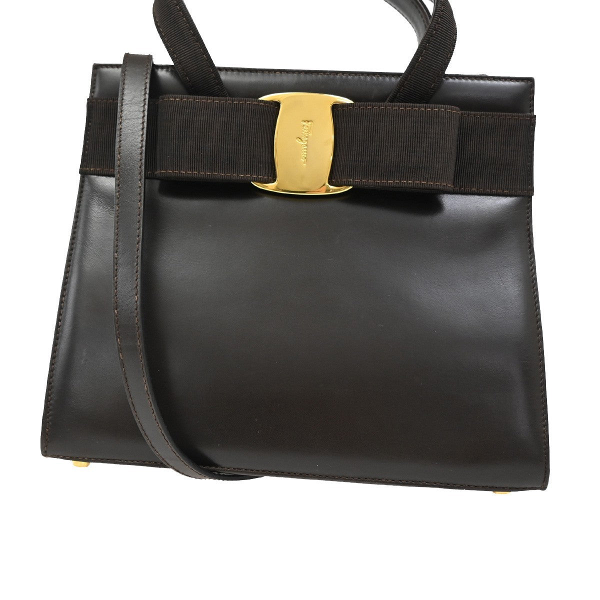 SALVATORE FERRAGAMO Vara 2Way Hand Bag Canvas Leather Brown Gold Italy 64TA067