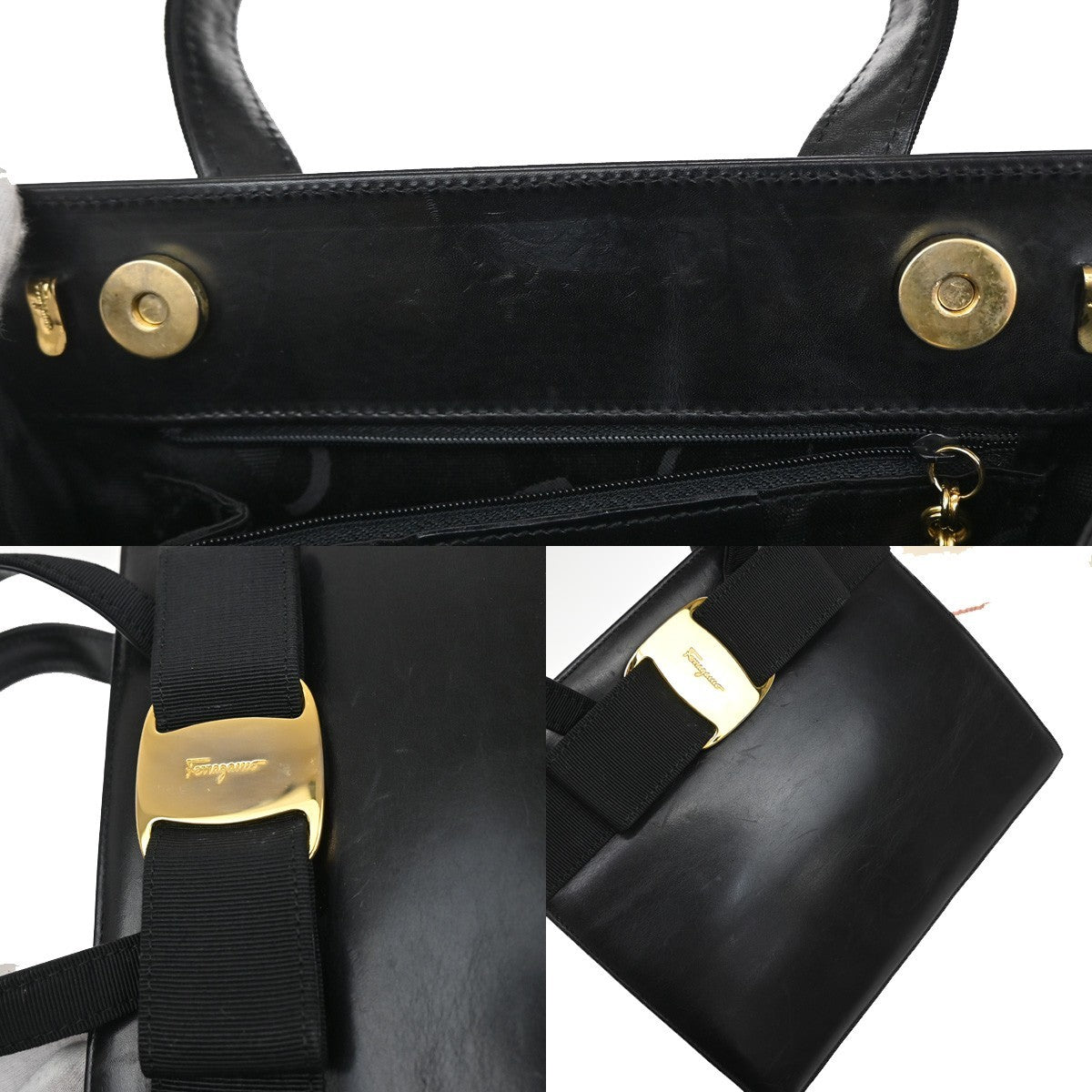 SALVATORE FERRAGAMO Logo Vara Hand Bag Leather Canvas Black GHW Italy 62KB114