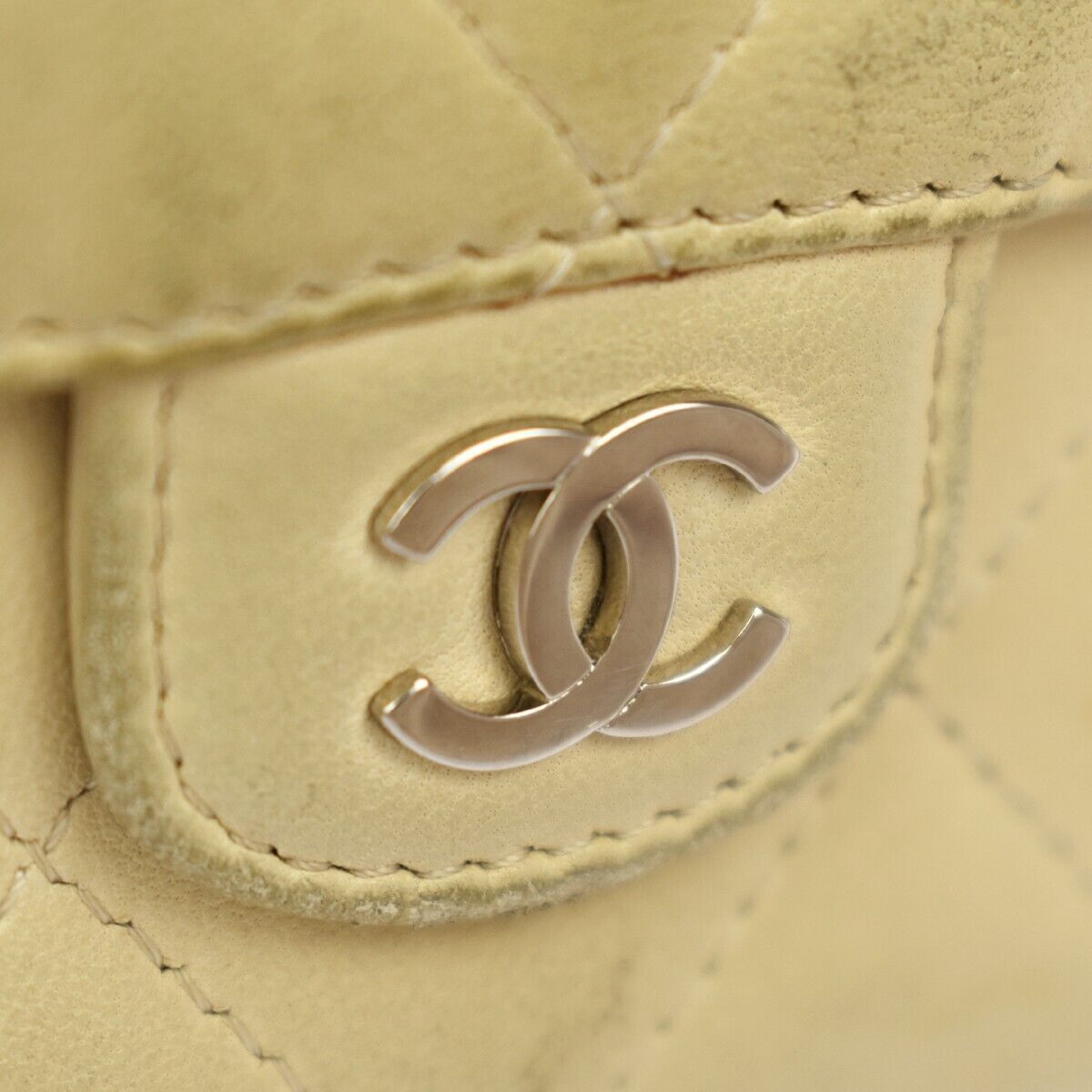 CHANEL CC Logo Matelasse Trifold Wallet Purse Leather Beige SHW France 05GA189