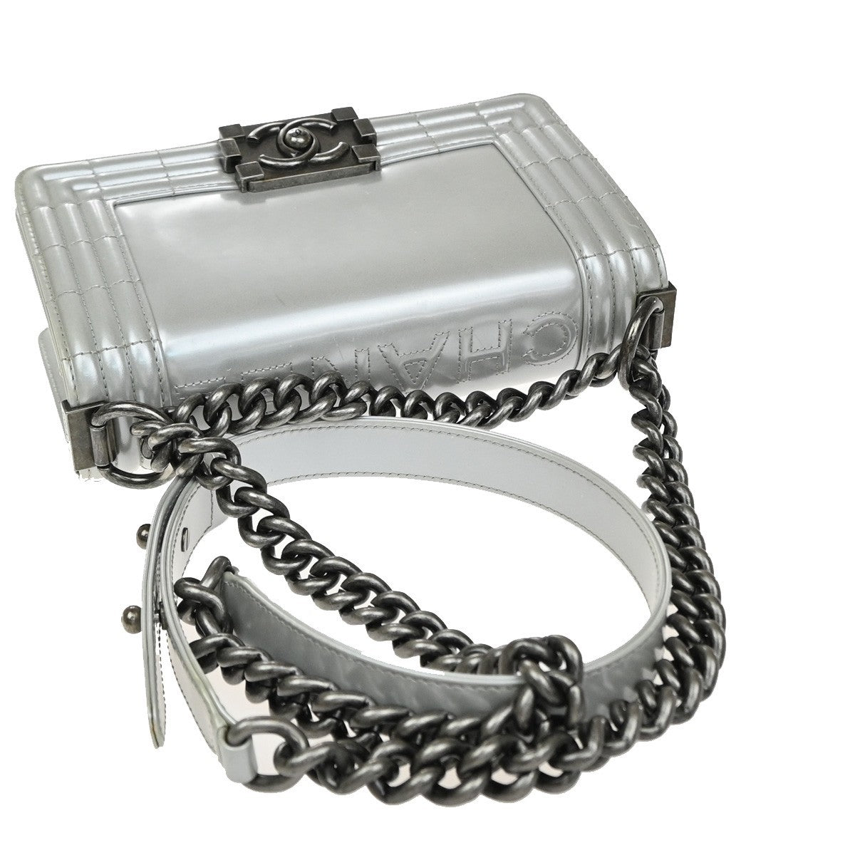 CHANEL Boy CC Chain Shoulder Bag Leather Silver SHW Italy 627RP168