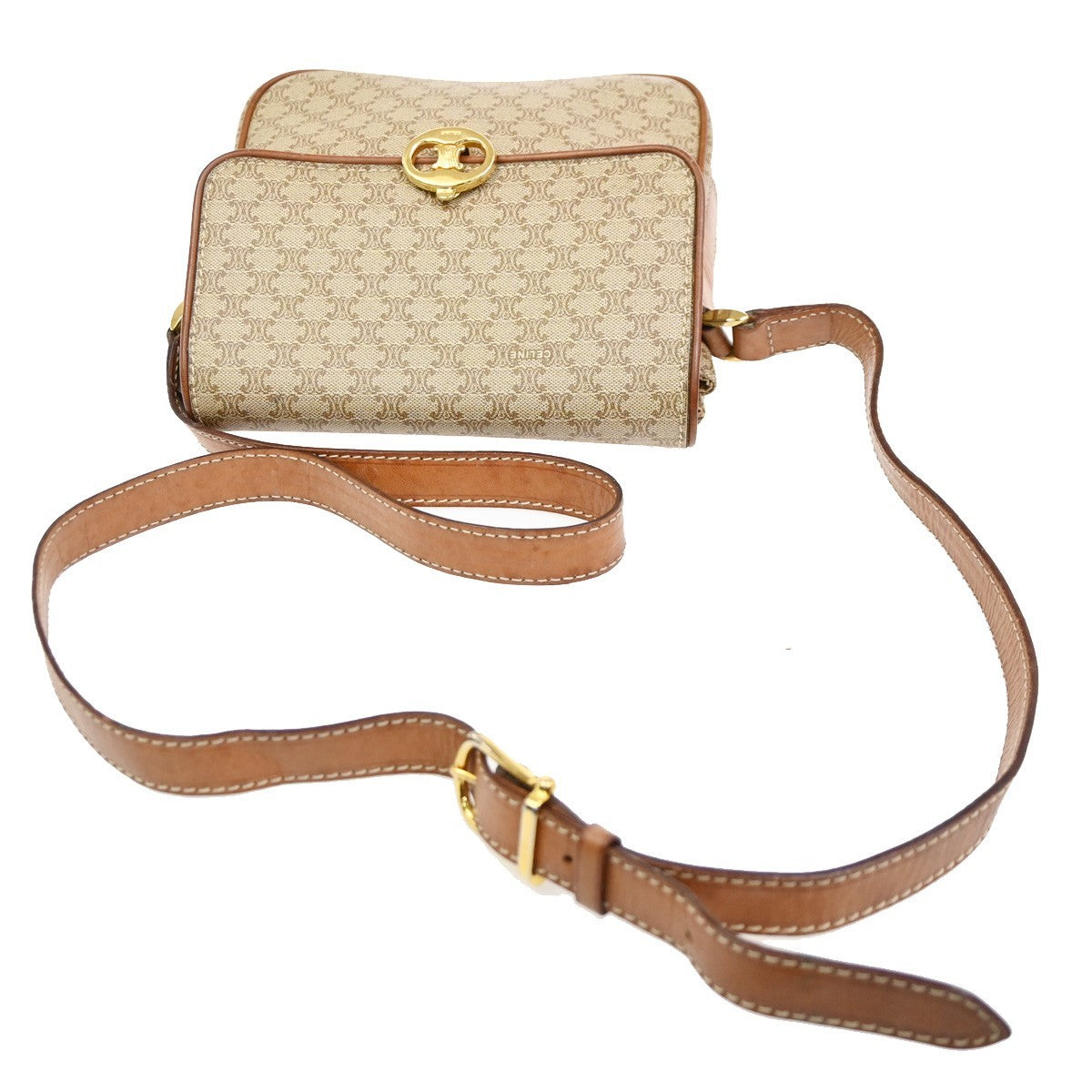 CELINE Logo Macadam Pattern Shoulder Bag PVC Leather Beige GHW Italy 67CA718