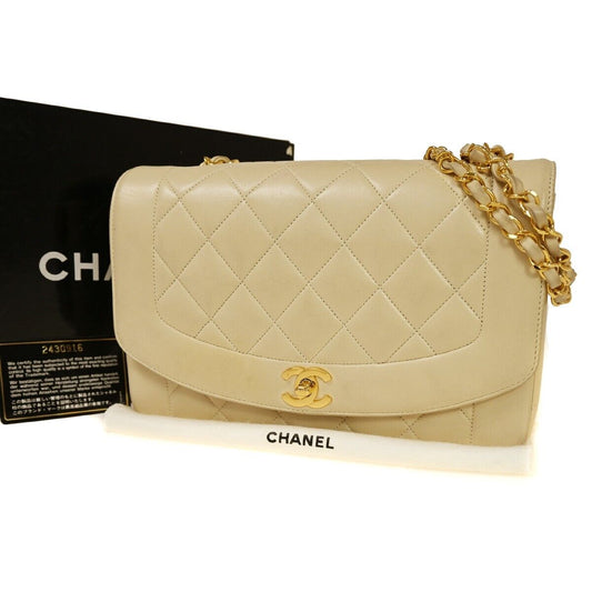 CHANEL CC Logo Diana Matelasse 25 Chain Shoulder Bag Leather Beige GHW 898RH912