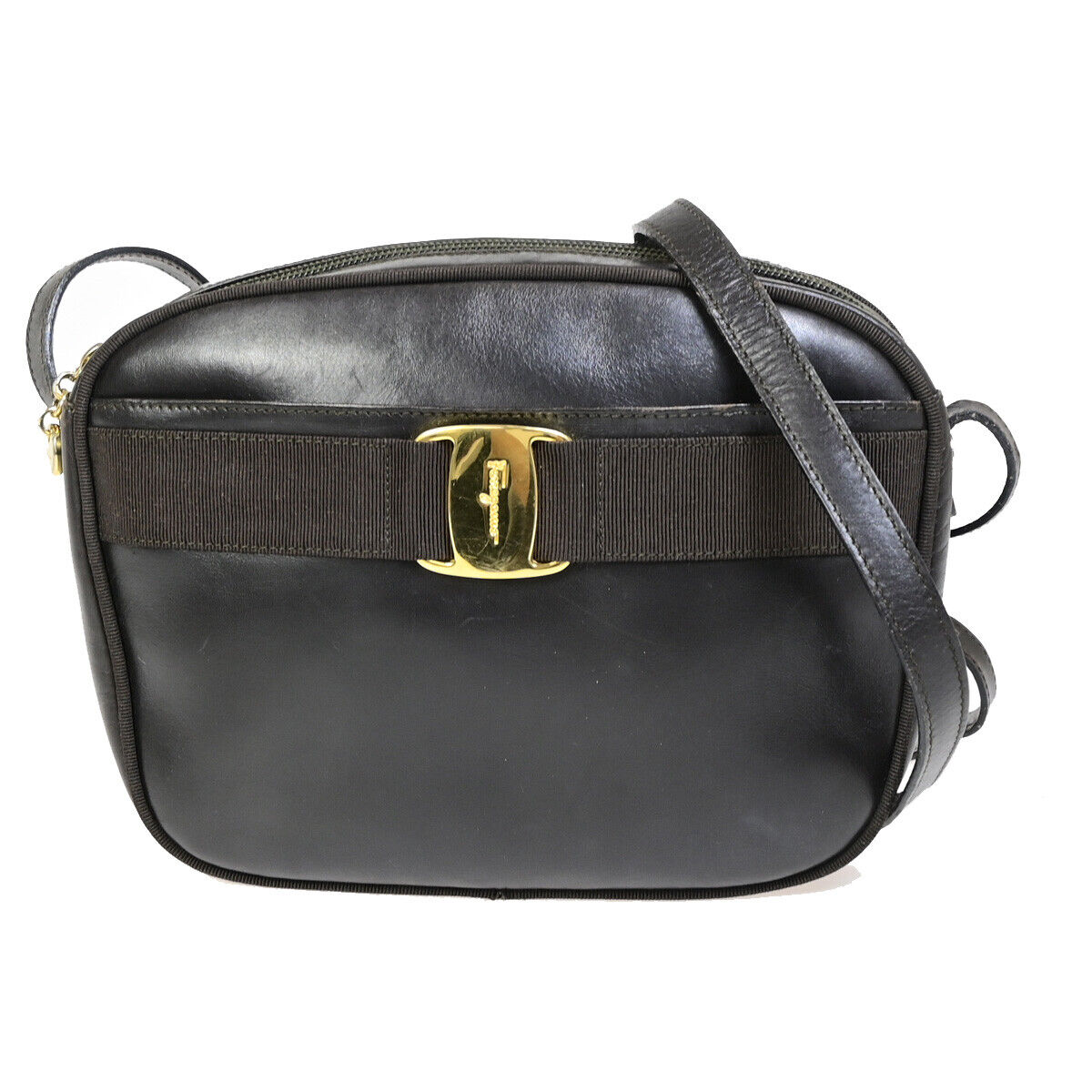 SALVATORE FERRAGAMO Logo Vara Shoulder Bag Leather Brown GHW Italy 02YG260