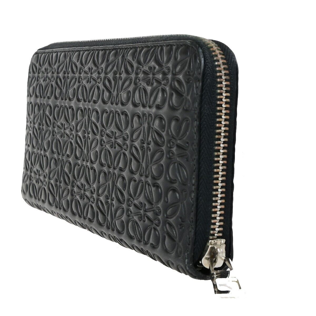 LOEWE Logo Anagram Long Zipper Wallet Embossed Leather Black Spain 69FB177