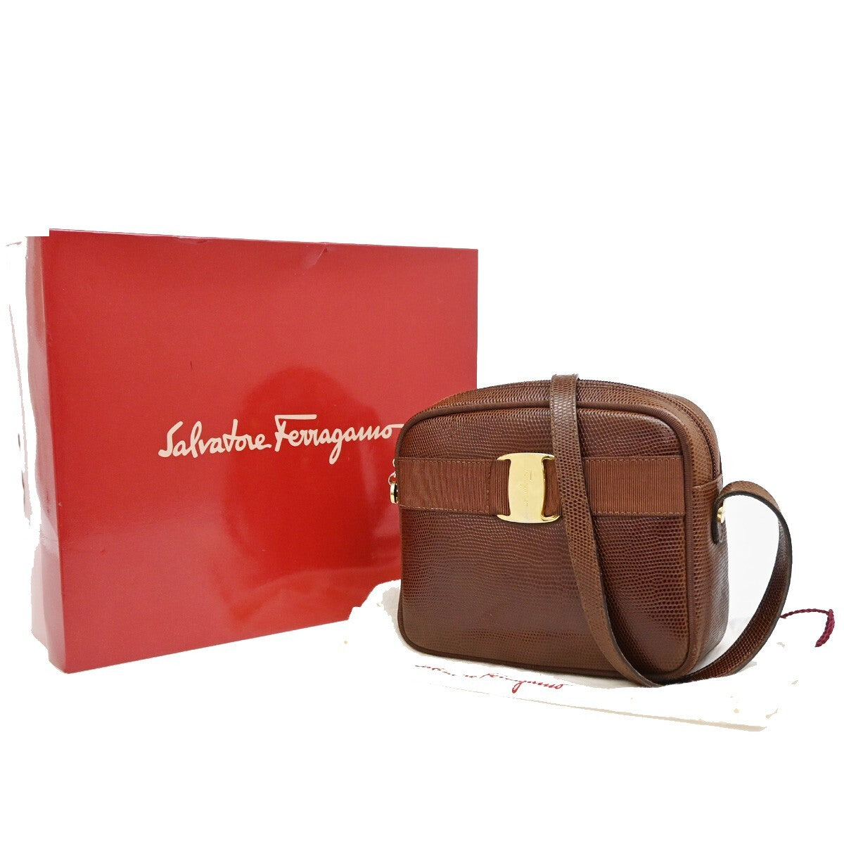 SALVATORE FERRAGAMO Vara Mini Shoulder Bag Embossing Leather Brown GHW 62FB624