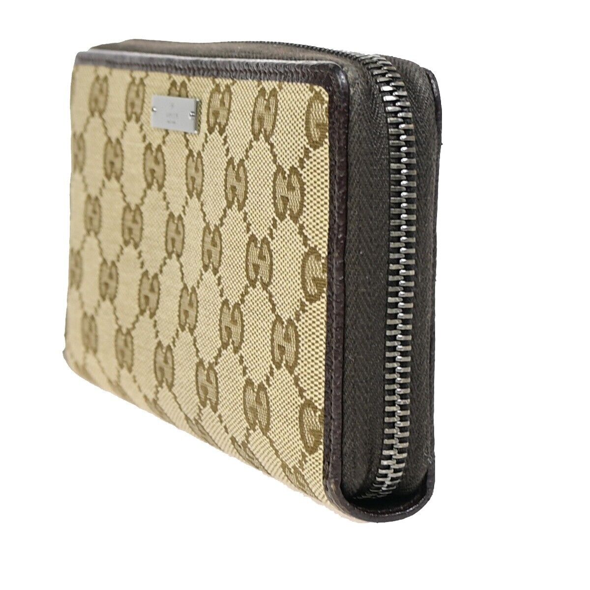GUCCI Logo GG Pattern Long Bifold Zipper Wallet Canvas Leather Brown 39EB038