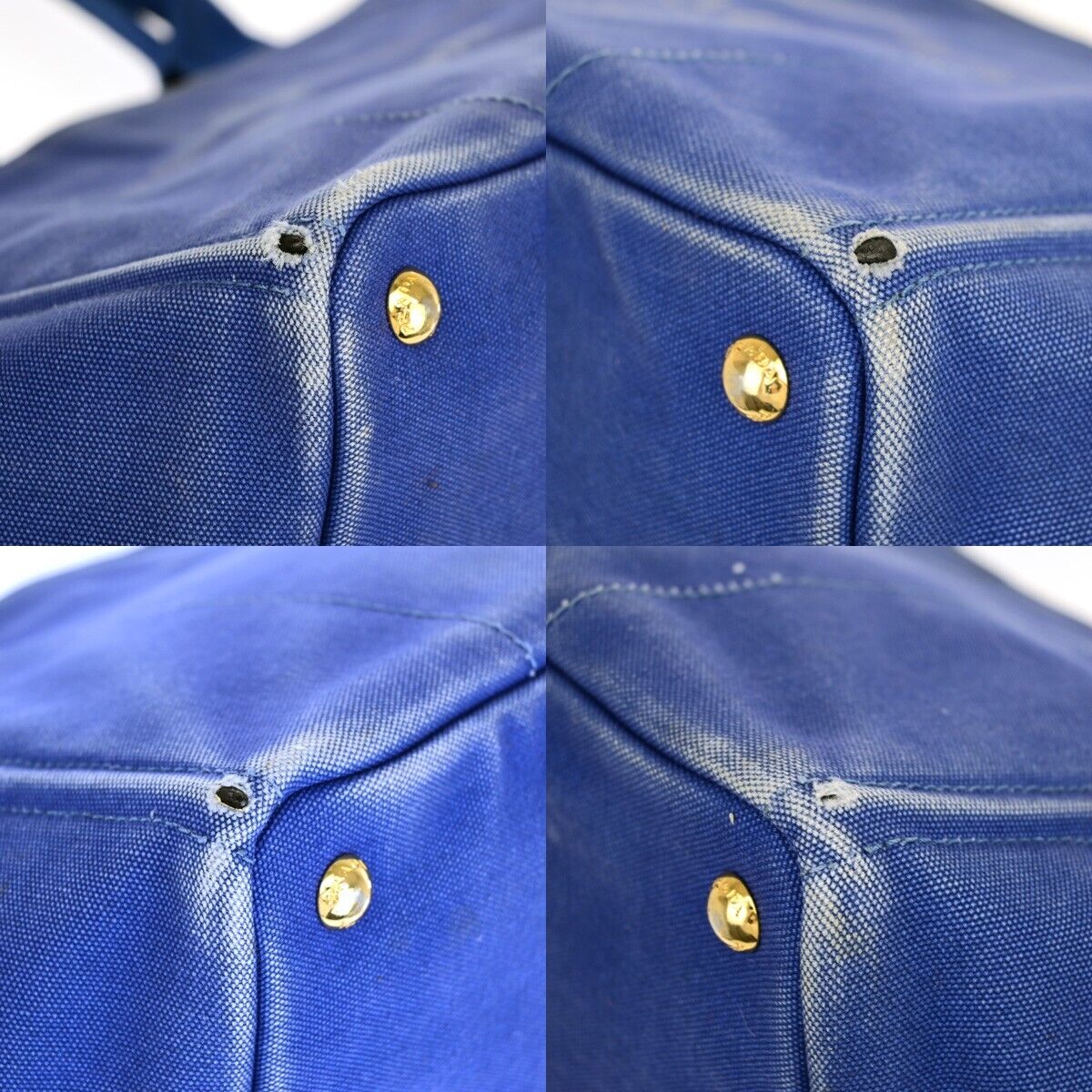PRADA Milano Logo CANAPA Tote Hand Bag Canvas Leather Blue Gold 68EB512
