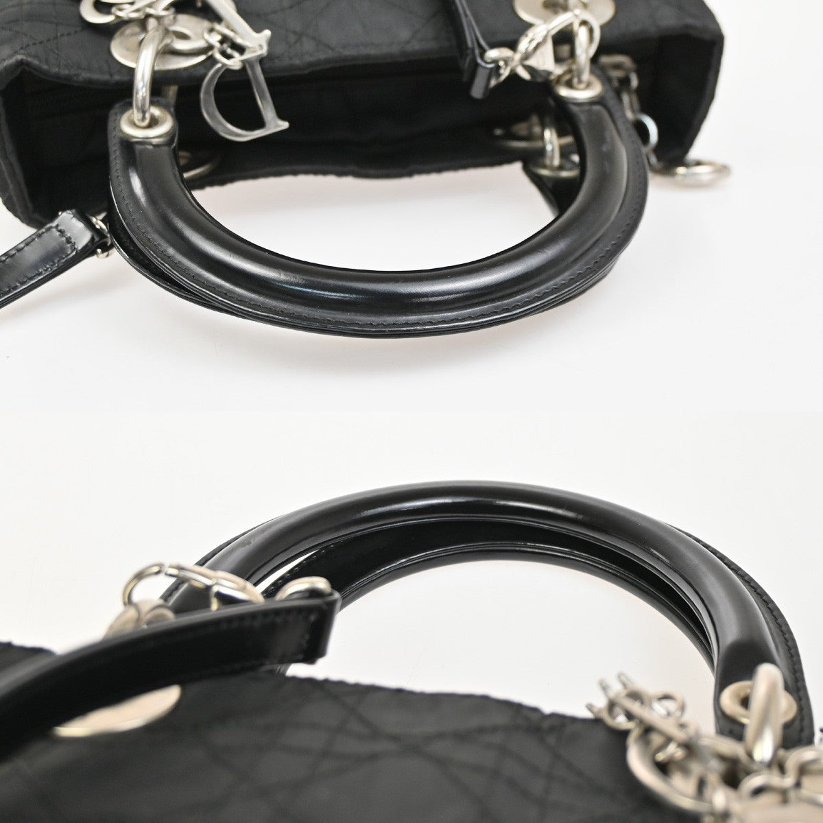 CHRISTIAN DIOR Logo Lady Cannage 2Way Hand Bag Nylon Leather Black SHW 98ZA262