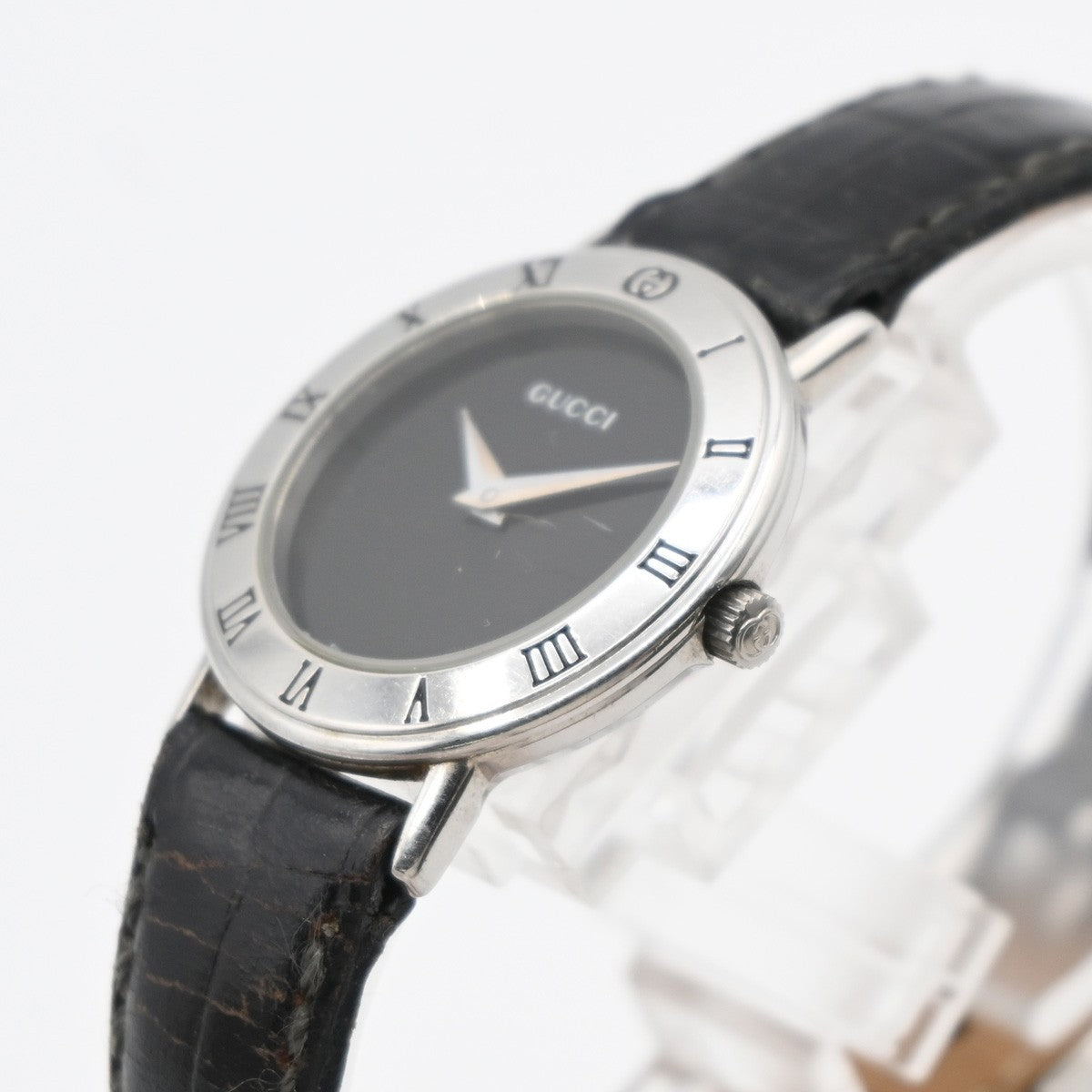 GUCCI 3000L Watch Quartz 25 mm Stainless Steel Embossing Leather Black 05LC590