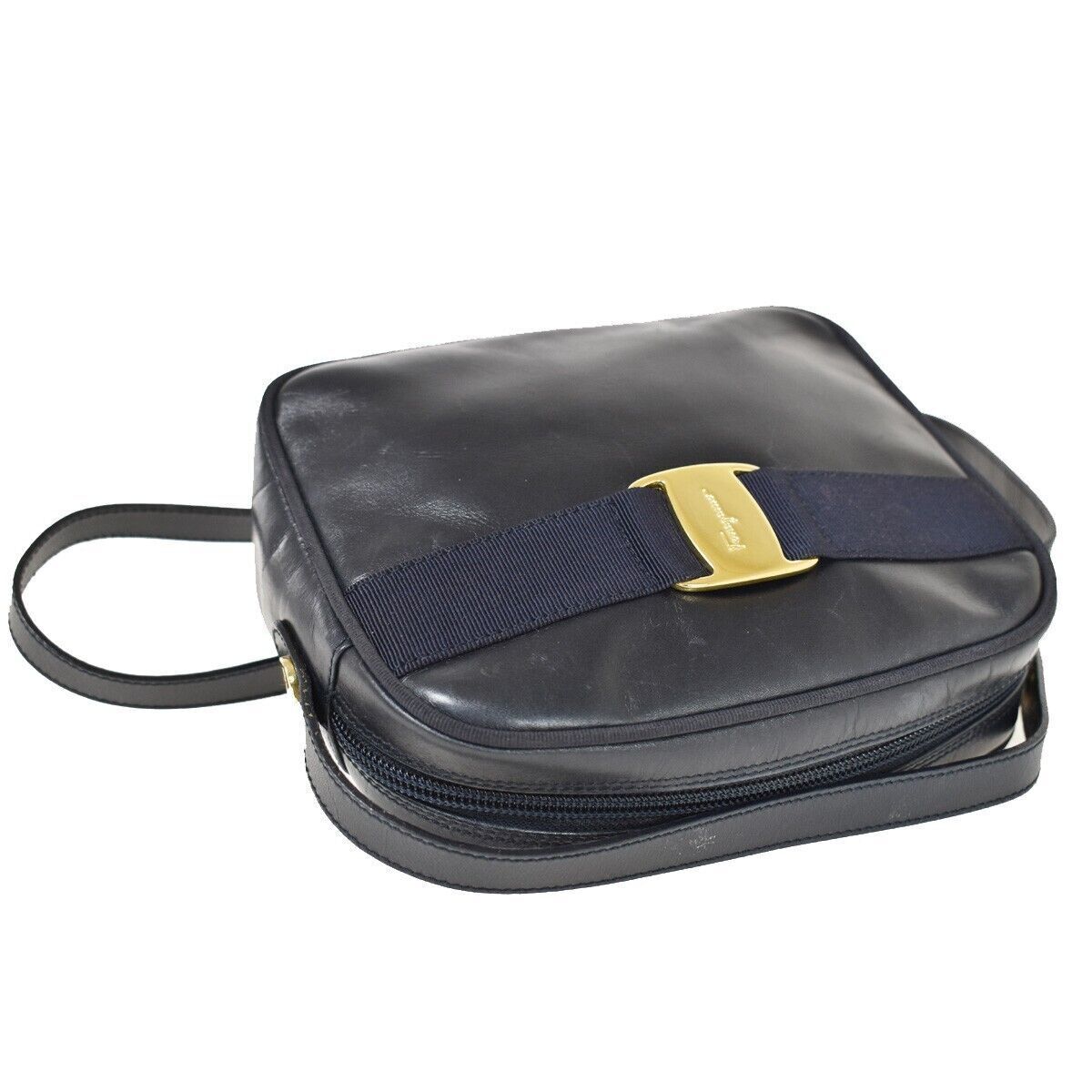 SALVATORE FERRAGAMO Vara Crossbody Mini Shoulder Bag Leather Blue Gold 66YC241