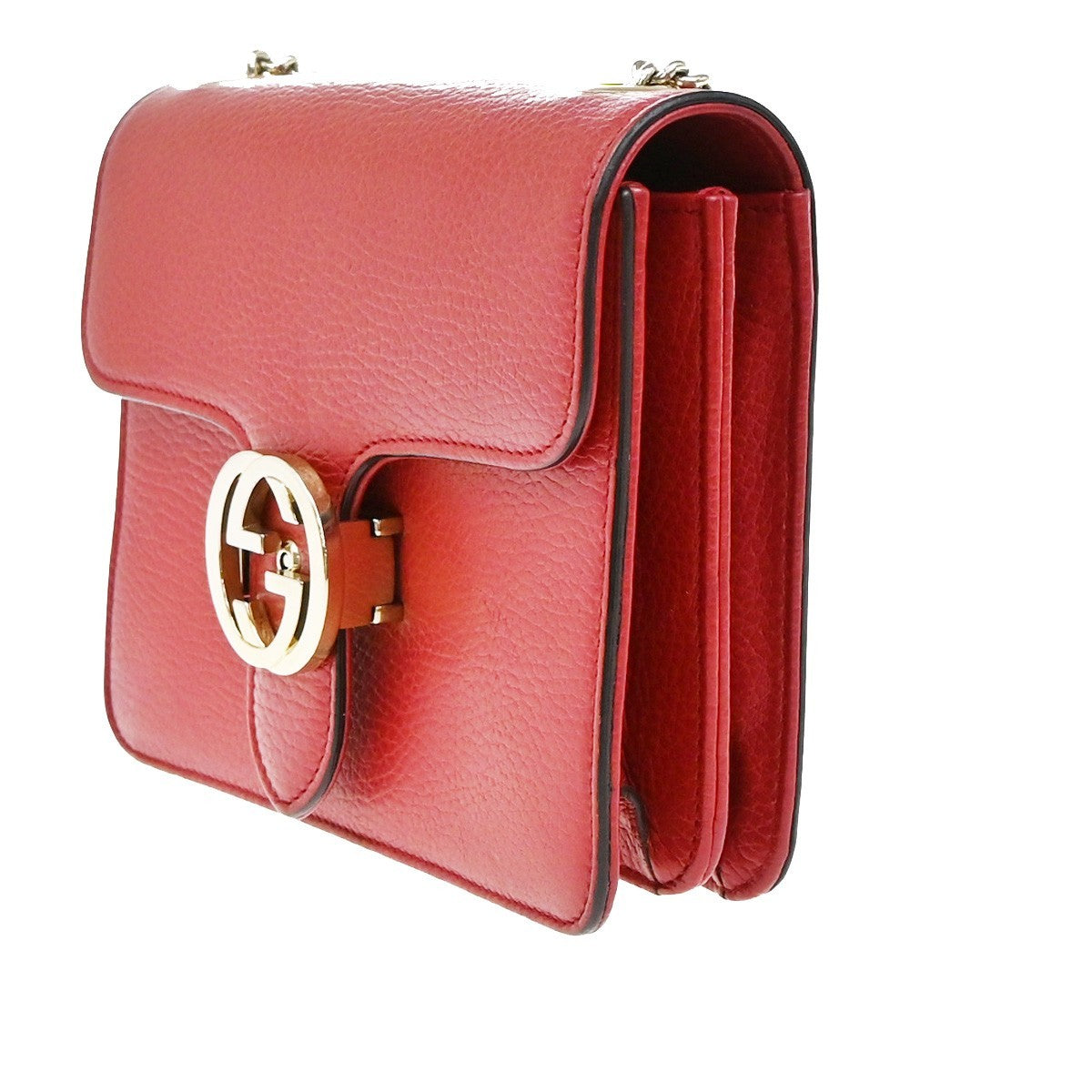 GUCCI Logo Interlocking G Chain Mini Shoulder Bag Leather Red GHW Italy 52KP126