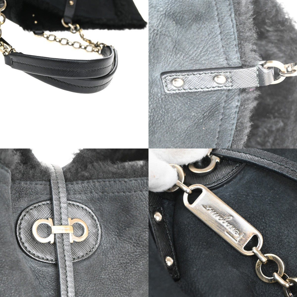 SALVATORE FERRAGAMO Reversible Gancini Shoulder Bag Fur Leather BK GHW 65RL685