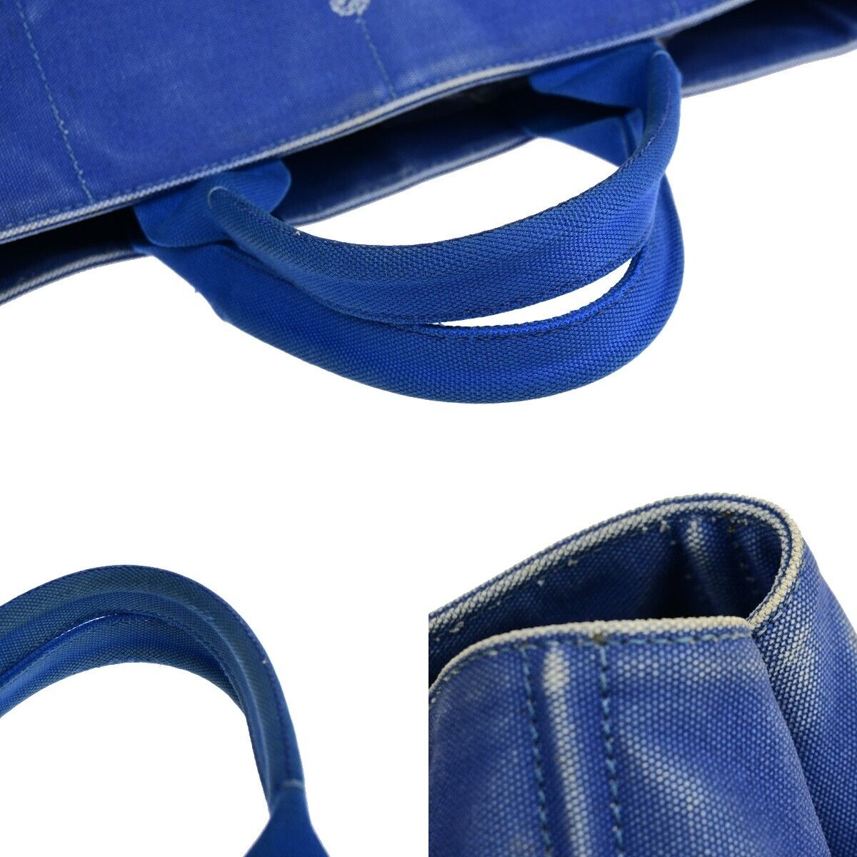 PRADA Milano Logo CANAPA Tote Hand Bag Canvas Leather Blue Gold 68EB512