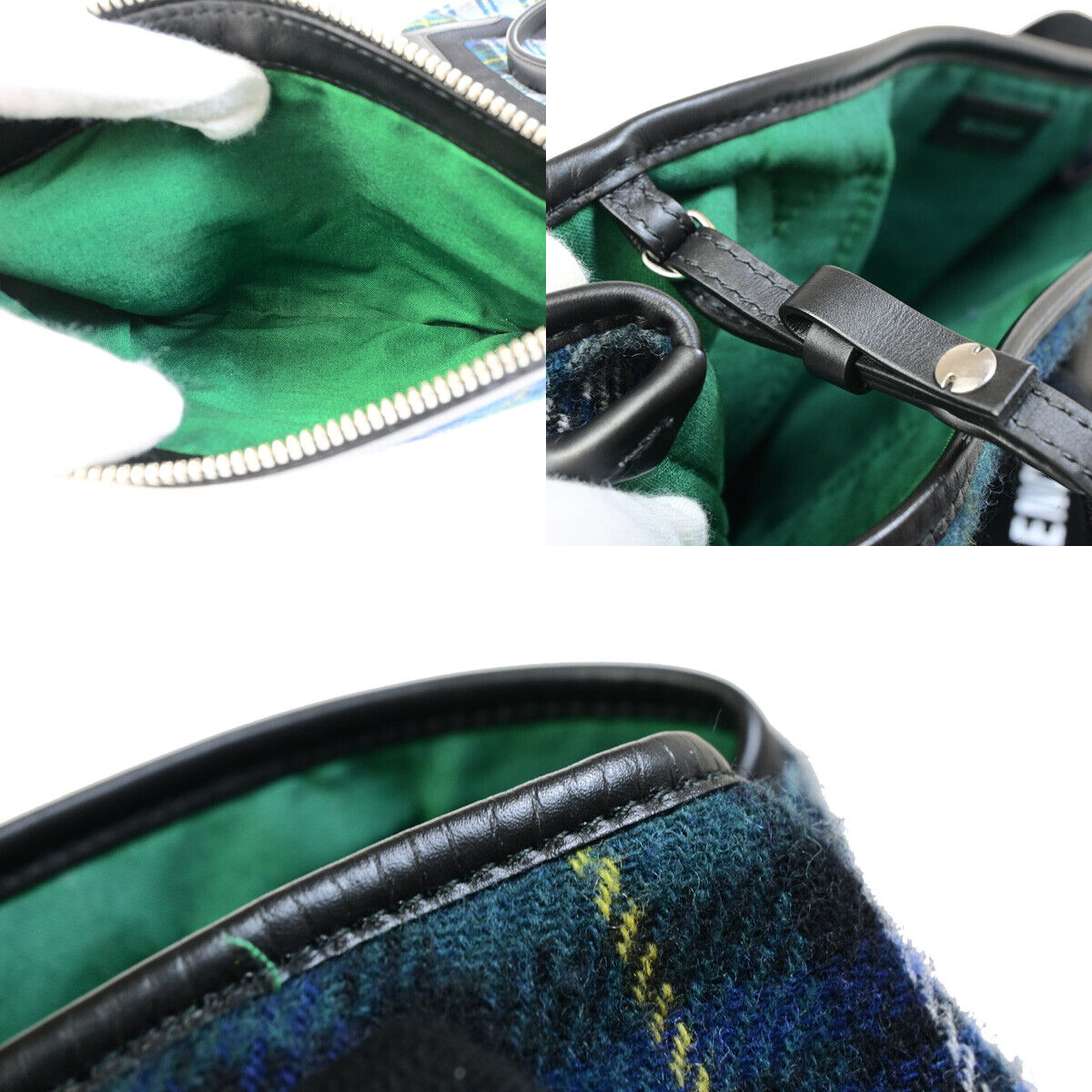 BALENCIAGA Navy Cabas S Hand Tote Bag Check Wool Leatehr Green Black 34RK296