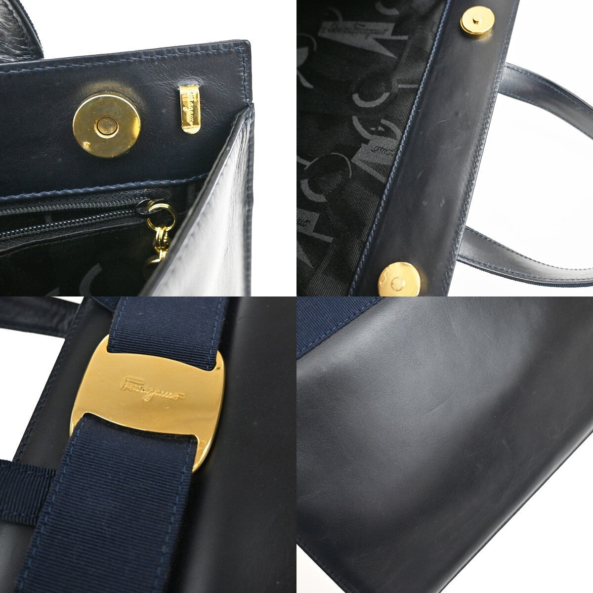 SALVATORE FERRAGAMO LOGO Vara 2Way Hand Bag Leather Canvas Navy Blue 65YH406